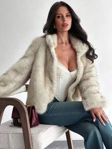 Firerie 女士休闲时尚高领宽松人造毛皮夹克，冬季 - 棕色 - 查看 9