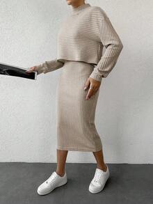 EURMUSE 2pcs Women Casual Ribbed Tank Dress & Pullover Top Set - Beige - View 4