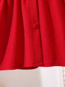 SHEIN 女童秋冬时尚别致贝壳领荷叶边长袖纽扣开衫中长外套，休闲百搭的秋季圣诞节服装 - 紅色 - 查看 3