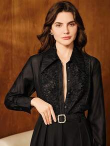 Anewsta Women's Lace Applique Turndown Collar Sheer Loose Blouse - Black - View 5
