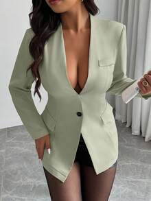 SHEIN LUNE Plus Size Women's Sexy Deep V-Neck Fitted Business Blazer Winter Fall Autumn - Mint Green - View 4