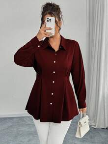 Elenzga Áo cánh xếp ly eo màu đen thanh lịch cho trang phục công sở, mùa thu/đông - Màu Đỏ Sâu - Xem 4