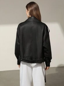 Aveloria Modichic 女式时尚百搭仿旧效果金属拉链仿皮机车夹克 - 灰色 - 查看 3