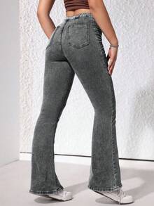 SHEIN ICON 女式高腰喇叭紧身休闲百搭牛仔裤 - 灰色 - 查看 2