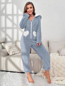 Women's Cute Contrast Color Heart Pattern 3D Big Rabbit Ear Hooded Plush Fluffy Pajamas Jumpsuit, Autumn/Winter, Fall, Cozy - Blue - View 3