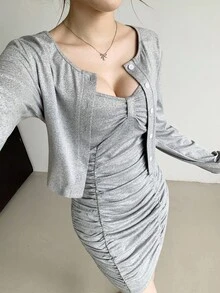 Celisse 2件套女士休闲褶皱吊带背心连衣裙和夹克套装 - 灰色 - 查看 1