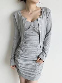 Celisse 2件套女士休闲褶皱吊带背心连衣裙和夹克套装 - 灰色 - 查看 4