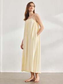 Ocili 休闲女士舒适天然亚麻简约细肩带长裙，家居服假日季 - 卡其色 - 查看 6