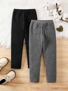SHEIN LMoss Kids 女童休闲百搭针织保暖内衬弹力腰纯色打底裤 儿童打底裤 冬季女童打底裤 女童冬季裤装 保暖内衬打底裤 秋季保暖打底裤 - 灰色 - 查看 7