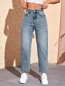 SHEIN PETITE Women Front Button Pocket Casual Simple Denim Pants, Everyday Wear - Dusty Blue - View 3