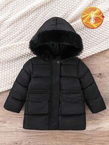 SHEIN 男童加厚羽绒服，带帽毛领，保暖冬季外套，休闲户外秋季款 - 黑色 - 查看 3