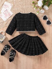 SHEIN 2pcs Baby Girl Autumn/Winter New Style 2025 Korean Fashion Set, Stylish Ribbon Pocket Decorated Cardigan & Pleated Skirt, Elegant Princess Outfit For Party/Birthday Fall - Black - View 2
