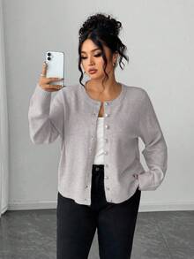 SHEIN LUNE 大码休闲纯色金色纽扣长袖开衫 - 淺灰色 - 查看 8