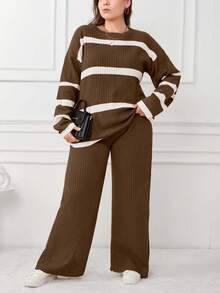 EURMUSE STRIPE DESIGN PLUS SIZE SWEATER CO-ORDS - Brown - View 4