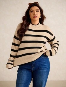 Elaquor Plus Size Striped Print Casual Pullover Sweater In Fall/Winter