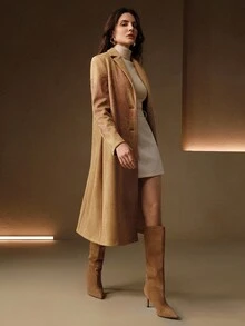 Anewsta 女式卡其色长款优雅绒面革翻领夹克，腰果花图案印花，秋冬 - 卡其色 - 查看 5