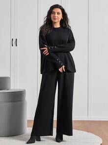 EURMUSE Minimalist Ribbed Knit Lounge Set – Black, Cozy, Two Pieces, Soft Touch - Black - View 1