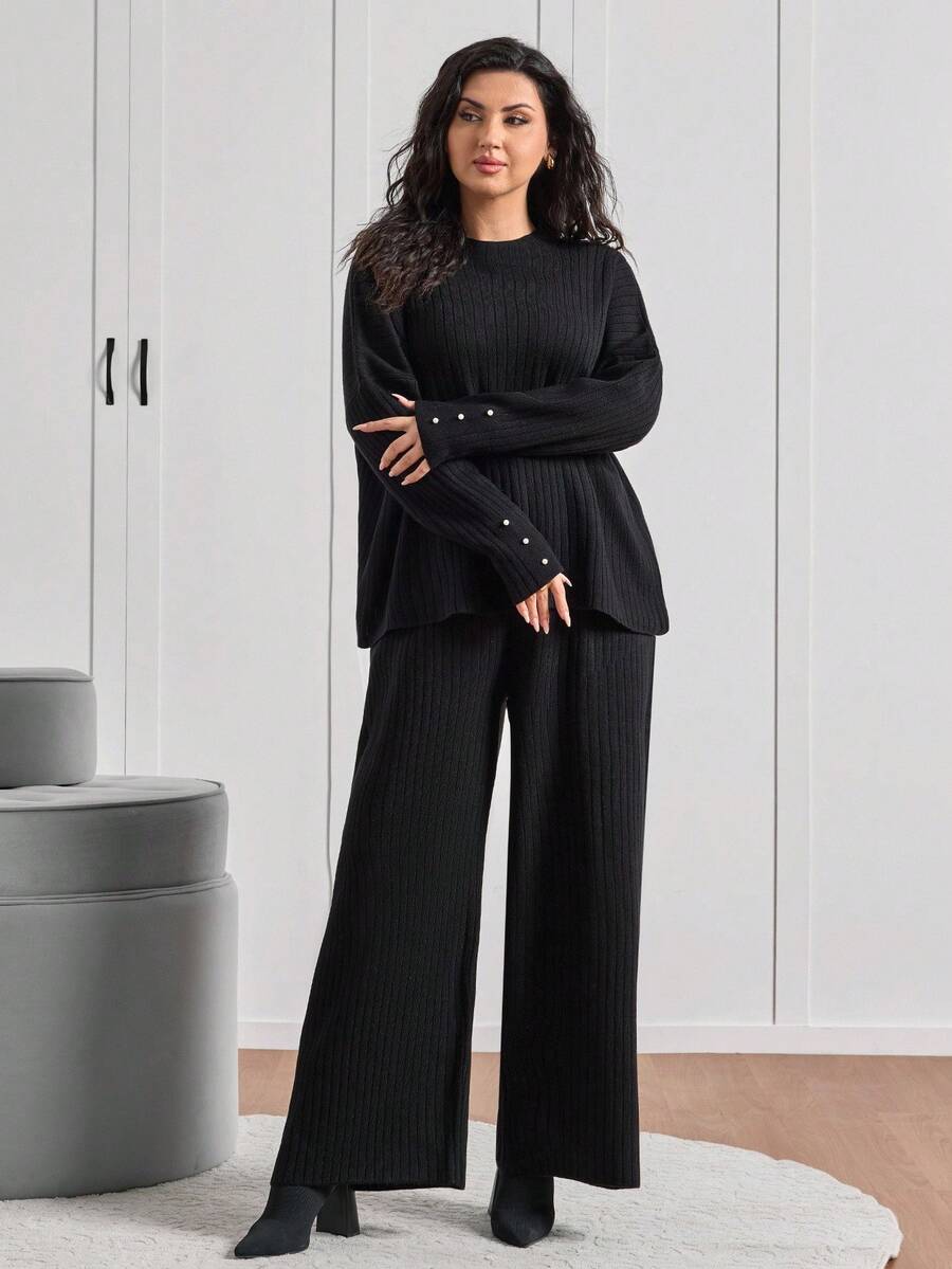 EURMUSE Minimalist Ribbed Knit Lounge Set – Black, Cozy, Two Pieces, Soft Touch - Black - View 1