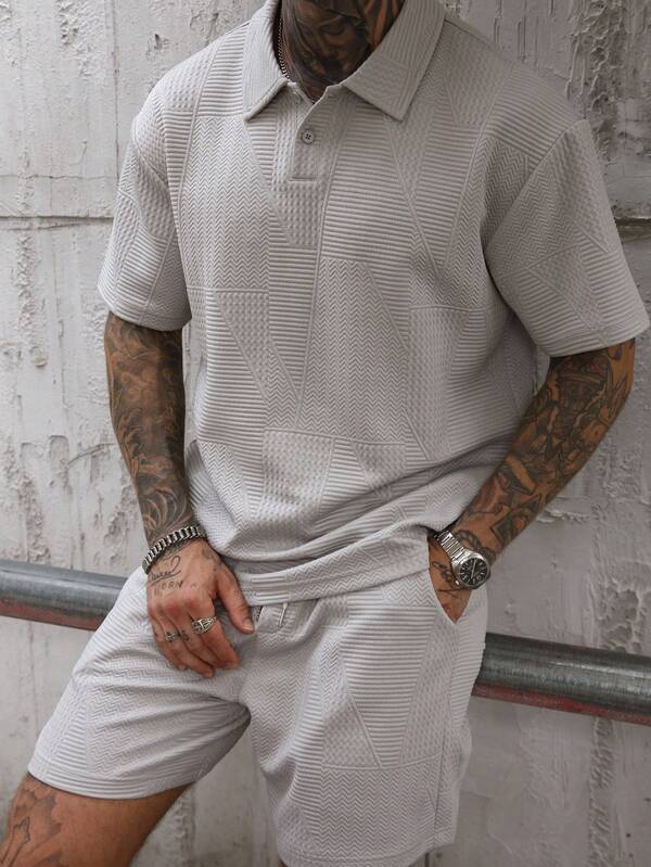 Manfinity Homme Plus Size Men's Solid Color Short Sleeve Polo Shirt And Shorts Casual Suit, Summer