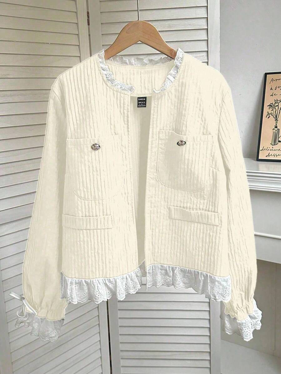 Franclia 复古蕾丝刺绣蝴蝶结拼布圆领休闲夹克,适合秋冬 - 杏色 - 查看 1