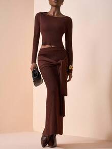 Zivah 2025 Summer New Music Festival, Easter, Mother's Day, Wedding Season, Wedding Attendance, Birthday Party, Daily Casual, Basic Versatile, Leisure, Cruise Travel, Beach, Sunbathing, Viral , Street Style, Elegant, Commute, Business, Pleated Ruffle Sleeveless Top And Pleated Skirt 2 Pieces Knit Brown Set For Women In Fall/Winter - Brown - View 4