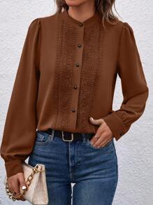 SHEIN Clasi 女士纯色前扣优雅办公室长袖衬衫 - 咖啡棕 - 查看 5