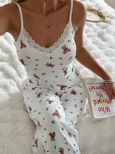 CottageSlumber Romantic Bloemen Kanten Patchwork Neck Camisole Long Pants Pajama Set Cami Women Schattige Sleep Wear Piece Teddy Bears view 3