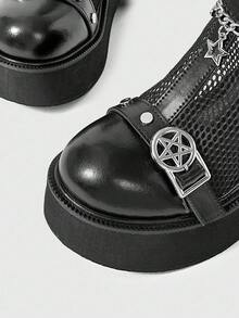 Sugerpunk Women's Fashion Thick-Soled Wedge Heel Ankle Boots, Gothic Star Metal Chain Double Strap Buckle Back Zipper, Black Punk Style Thick-Soled Wedge Heel Ankle Boots - Black - View 12