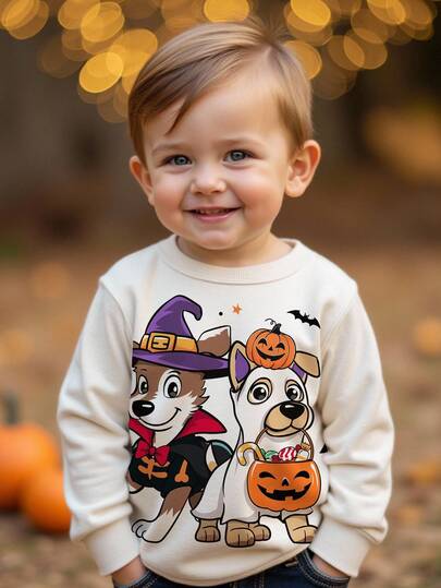 SHEIN Baby Boy Casual Minimalist Autumn New Halloween Pumpkin Dog Pack Animal Puppy Cute Style Cartoon English Letter Sports Loose Fit Cozy Knit Soft Crew Neck Pullover Sweatshirt, Suitable For Autumn/Winter