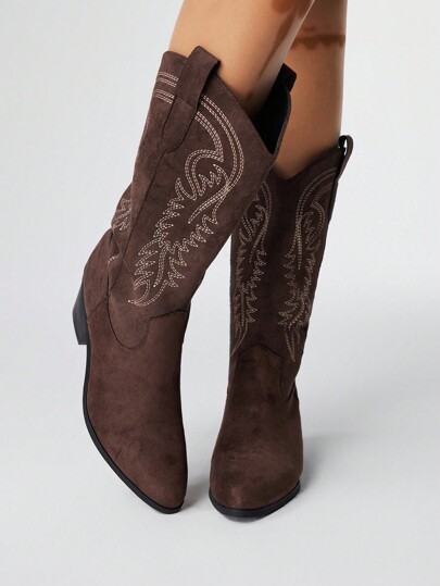 Goth Stivali cowboy western da donna color caffè, nuovi stivali di moda per primavera/autunno, con punta affusolata, ricamo, tacco spesso,