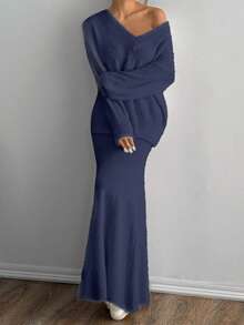 Flirla 2件套V领长袖毛衣上衣和裙子，简约温柔风格 - 藏蓝色 - 查看 4