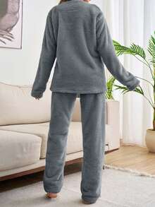 EURMUSE 2pcs Plush Bear Embroidery Detail Homewear PJ Set - Grey - View 2