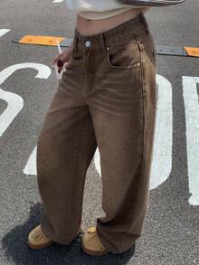 Livesso 女式复古做旧棕色口袋宽松休闲牛仔裤 - 咖啡棕 - 查看 6