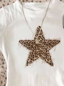 SHEIN 复古豹纹星星图案，街头美学，少女休闲简约修身圆领短袖高腰短款常规 T 恤，适合秋季服装