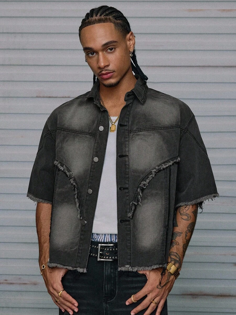 AXEPEAK Men's Short Sleeve Shirt, Washed & Embellished Casual Style New Fashionable Half Sleeve Collared Jacket