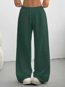 CovetEZ Quần nỉ cạp rút màu trơn đơn giản cho nữ - Màu xanh lá cây đậm - Xem 3