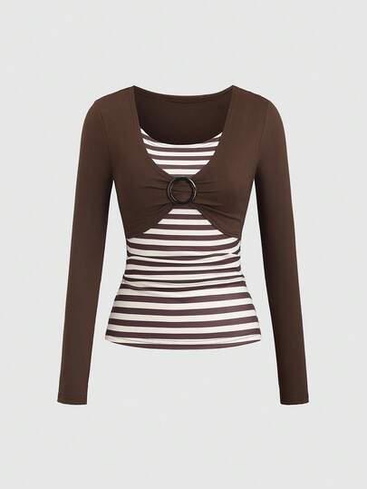 Sweetra 女式棕色条纹 Y2K Baddie 2000 年代风格复古返校扣饰修身舒适长袖圆领 T 恤