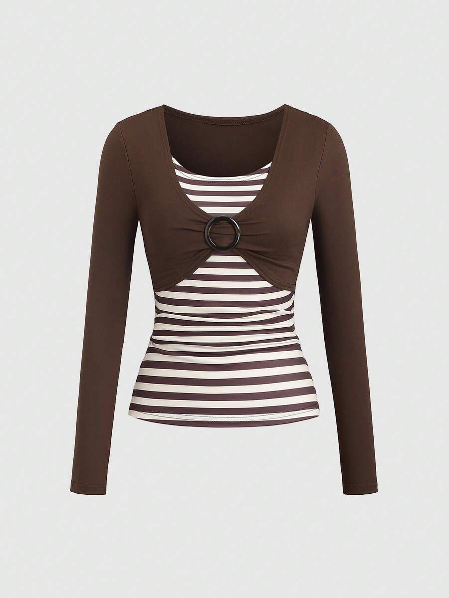 SHEIN Sweetro 女式棕色条纹 Y2K Baddie 2000 年代风格复古返校扣饰修身舒适长袖圆领 T 恤 - 棕色 - 查看 1