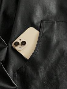 HIMLAND Men's Casual Woven PU Leather Collar Jacket, Suitable For Everyday Wear Men Black Leather Jacket Men Streetwear Jacket Black Leather Jacket With Pockets Loose Fit Leather Jacket Men Men Casual Leather Jacket , Fall Winter