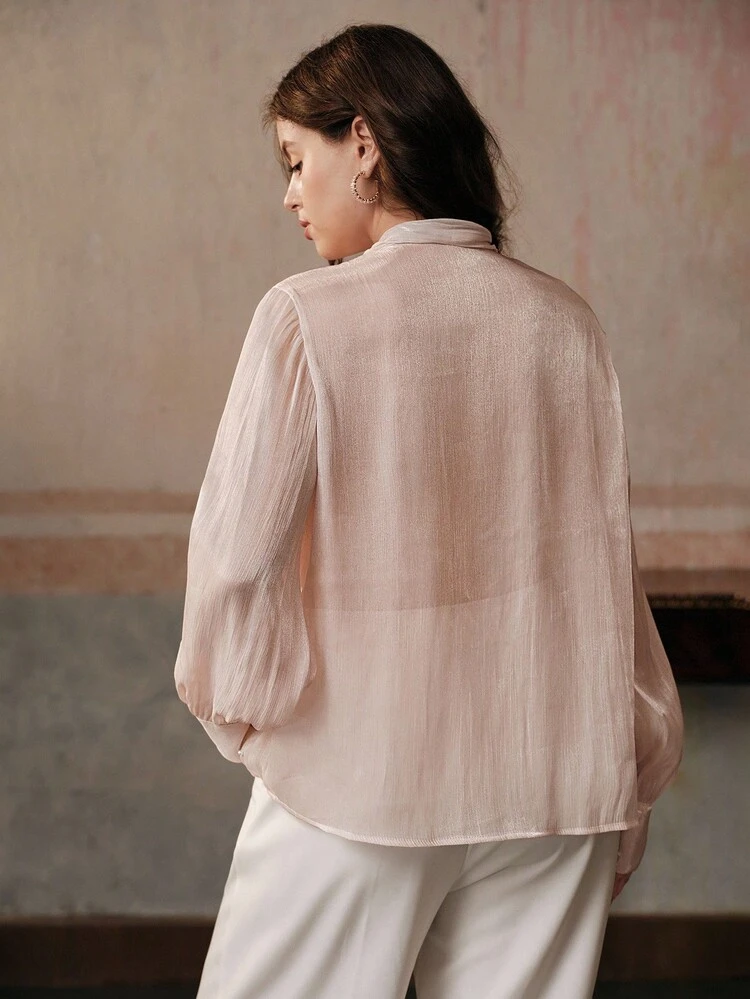 Plus Size Elegant Niche Ribbon Bow Lantern Sleeve Pearl Decor Shirt