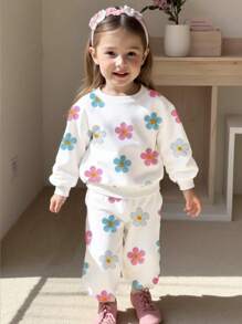 SHEIN Playful Pals 2 件套女婴休闲舒适时尚简约百搭可爱花卉全印花圆领运动衫和运动裤套装，秋冬，可爱运动花卉装 - 彩色 - 查看 6