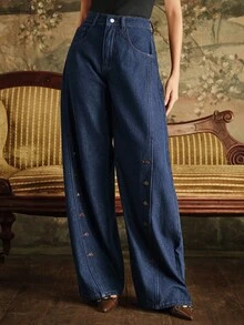 SHEIN X Jwoww Anewsta 复古风格手工纽扣女式直筒蓝色牛仔裤 - 藍色 - 查看 3