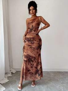 Rafferiza 女式优雅无袖花卉印花网眼高开衩连衣裙 - 咖啡 - 查看 7