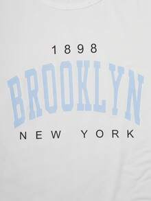 2 件套青少年女孩休闲字母印花圆领短袖 T 恤和工装裤，夏季 - 藍白色 - 查看 8