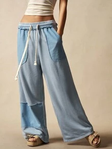Bohemela Quần nỉ ống rộng dệt kim trơn màu phong cách BOHO dành cho nữ - Màu xanh nhạt - Xem 6