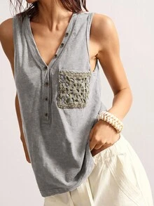 Bohemela Boho Countryside Vacation Style Solid Color Washed Knit Patchwork Crochet Pocket V-Neck Sleeveless Fitted Women Tank Top - Grey - View 1