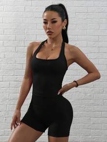 Easithlete Einfarbiges rückenfreies Neckholder-Top und Shorts für Damen, Yoga-Workout-Set, schwarzes Top, schwarzes Tank Top, schwarzes Set, schwarzes Neckholder-Set, schwarzes Tank Top