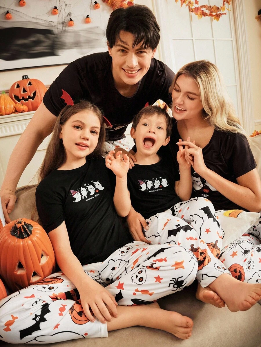 Bộ đồ ngủ nam tay ngắn in hình ma và quần dài, Halloween - Nhiều màu - Xem 1