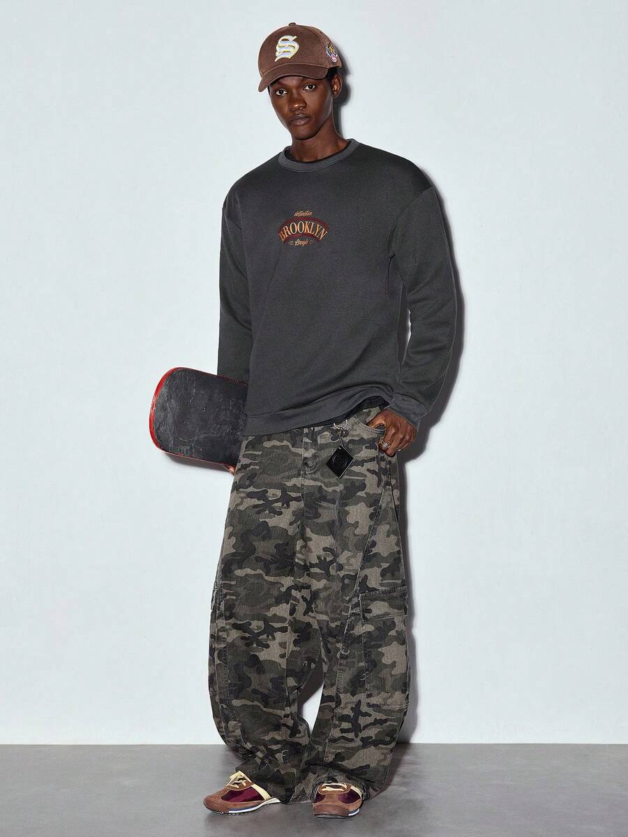 MODCRASH 男士字母印花圆领休闲抓绒卫衣 - 深灰色 - 查看 1