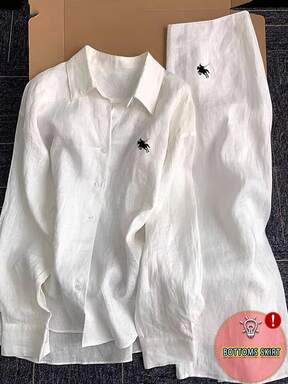 INAWLY 2pcs Women Casual Knight Embroidered Front Button Shirt & Skirt Set